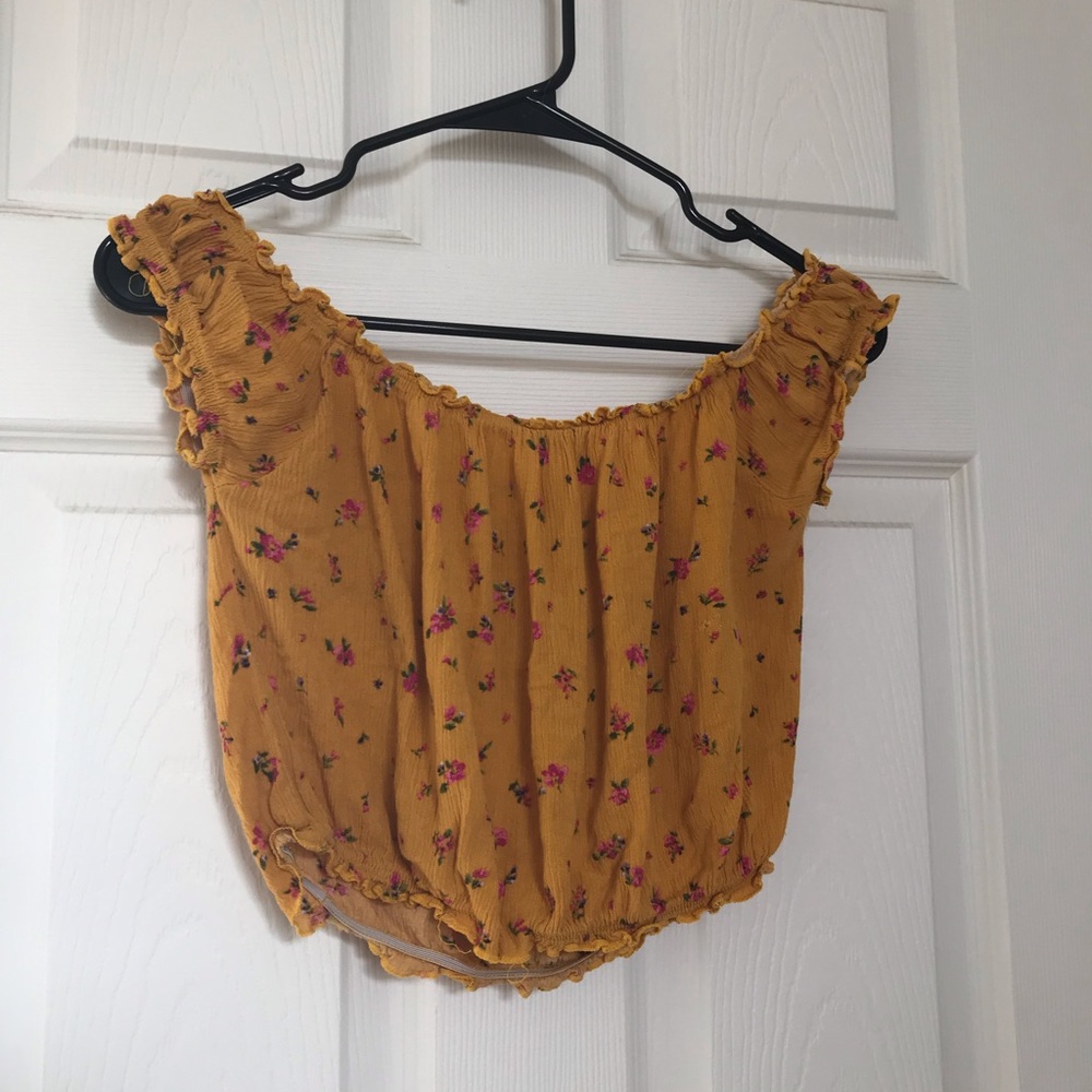 yellow floral off the shoulder crop top